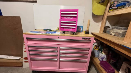 pink tool box on wheels