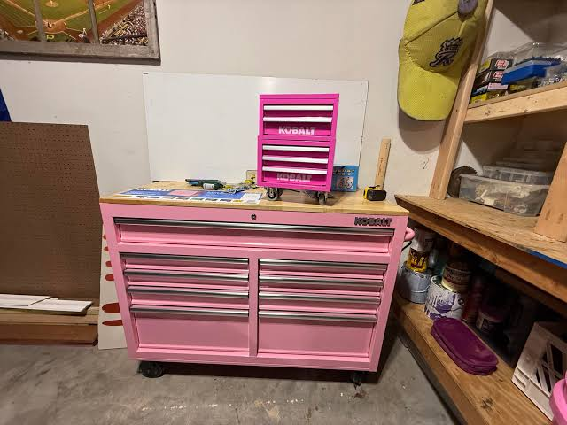 pink tool box on wheels